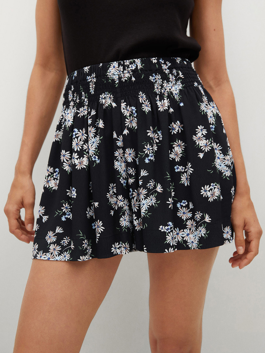 MANGO Women Black Floral Print High-Rise Regular Shorts