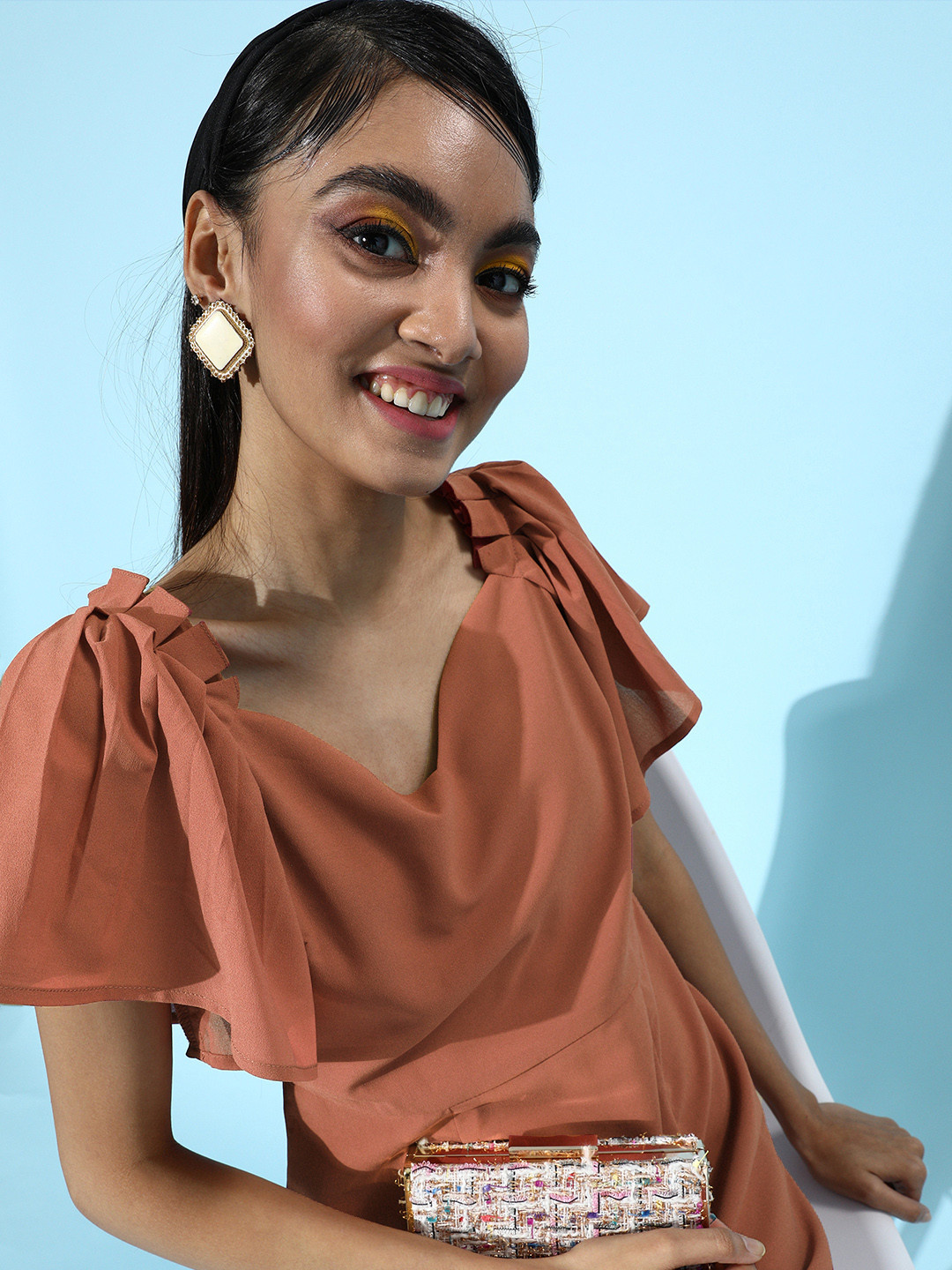 MISH Tan Solid Sweetheart Neckline Dress