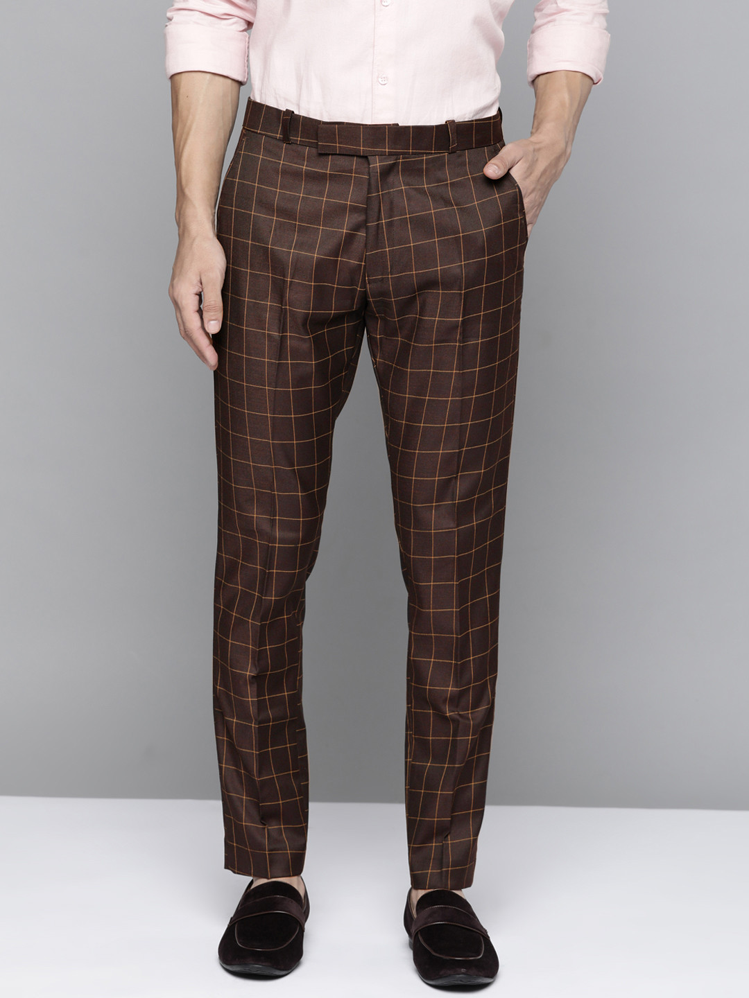 DENNISON Men Burgundy Checked Smart Tapered Fit Trousers