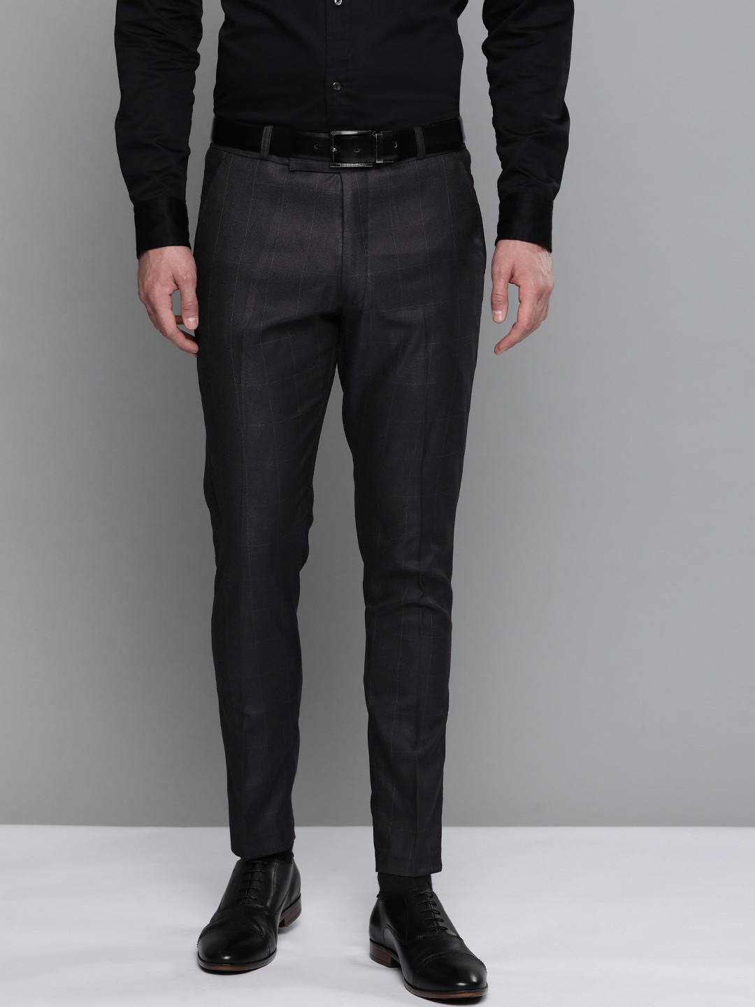 DENNISON Men Black Checked Smart Tapered Fit Wrinkle Free Trousers