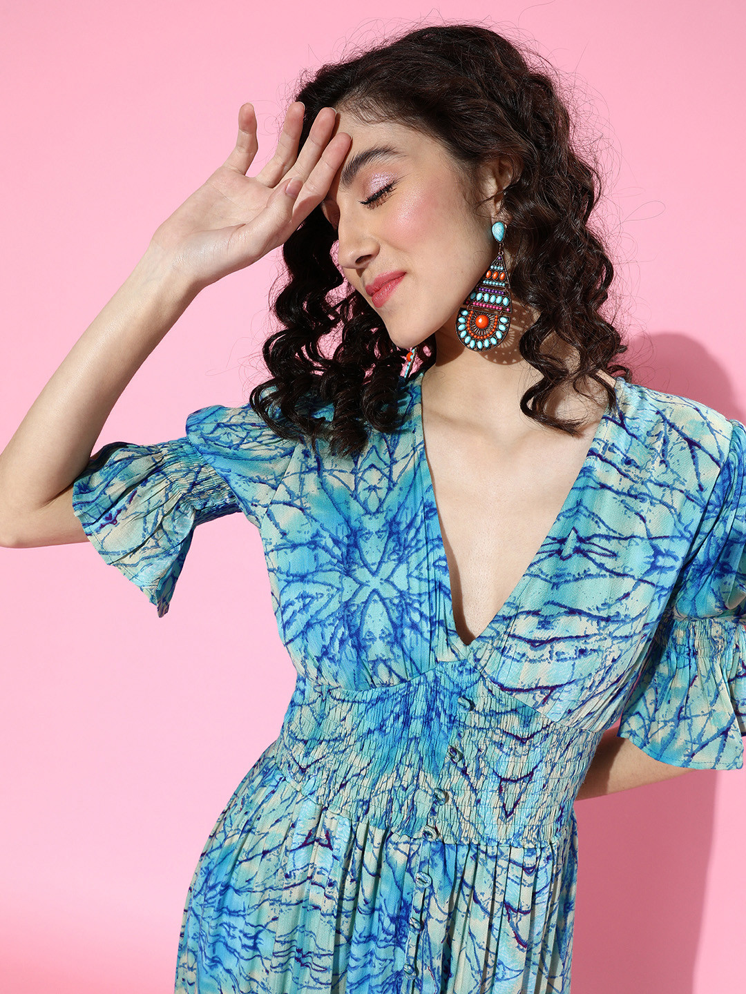 SCORPIUS Women Stunning Blue Abstract Waisted Dress