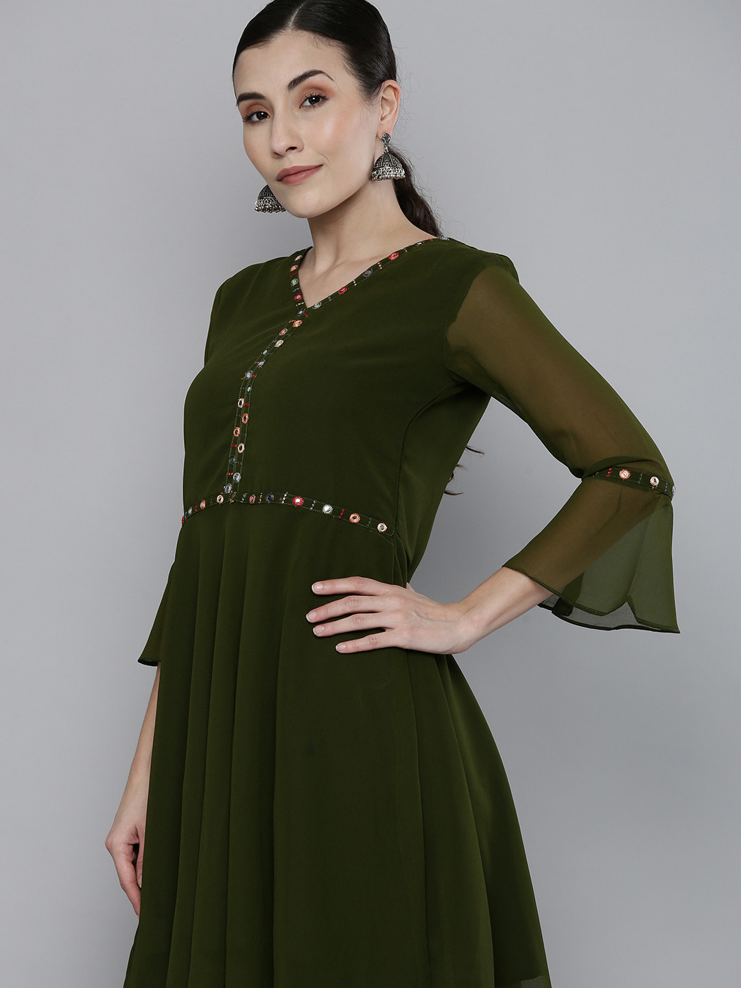 Kvsfab Women Olive Green Yoke Embroidered & Mirror Work Kurta with Sharara