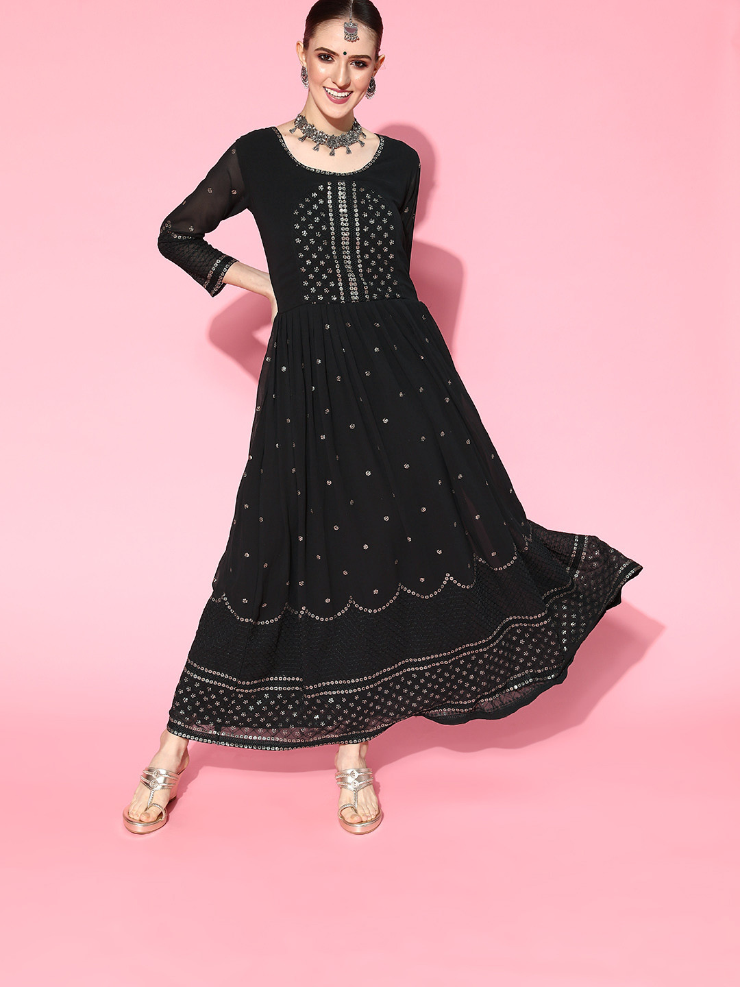 Kvsfab Women Stylish Black Embellished Ethereal Embroidery Dress