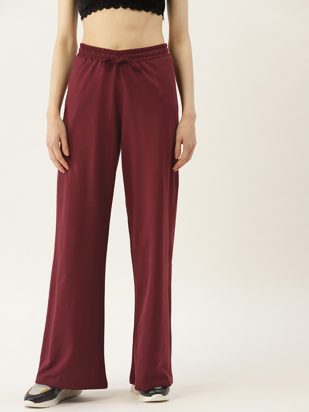 FEMEA Womens Maroon Solid Wide Leg Track Pants