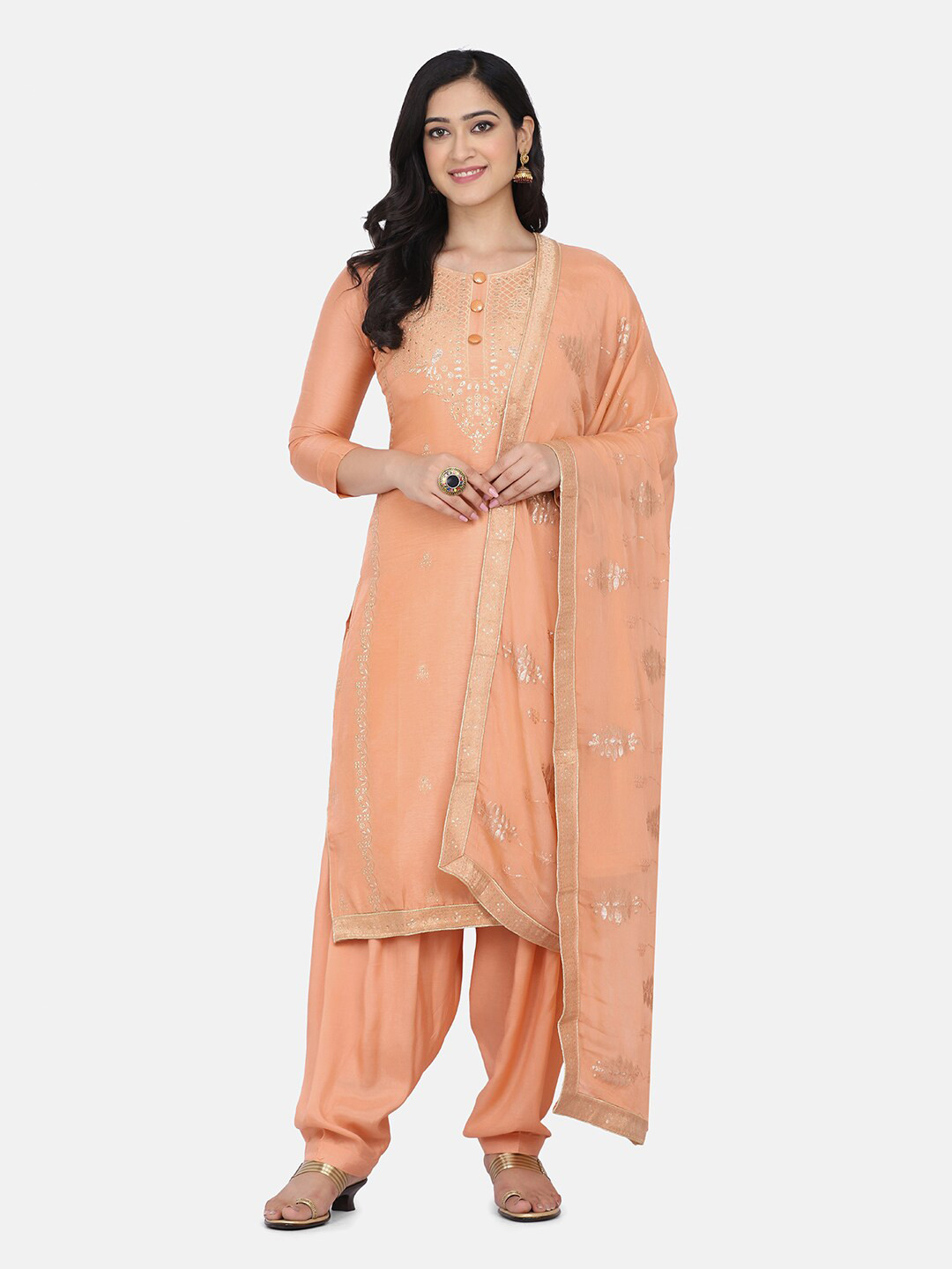 Shaily Peach-Coloured & Silver-Toned Embellished Viscose Rayon Unstitched Dress Material