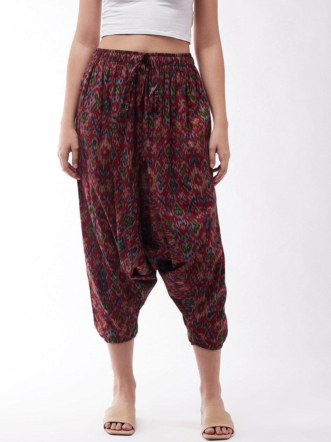 InWeave Women Maroon & Grey Abstract Ikkat Printed Harem Pants