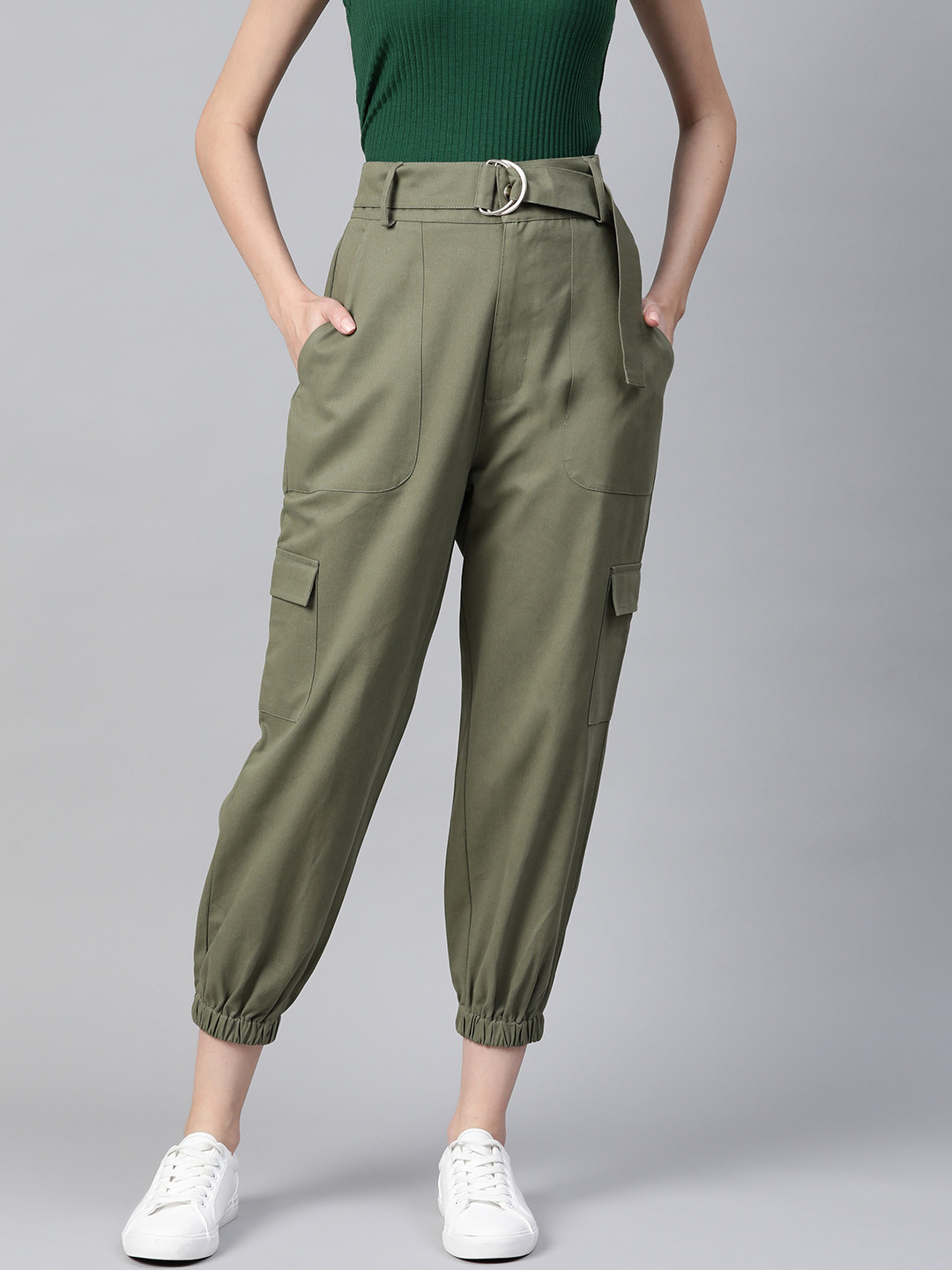 Popnetic Women Olive Green Cotton Cropped Cargo Joggers