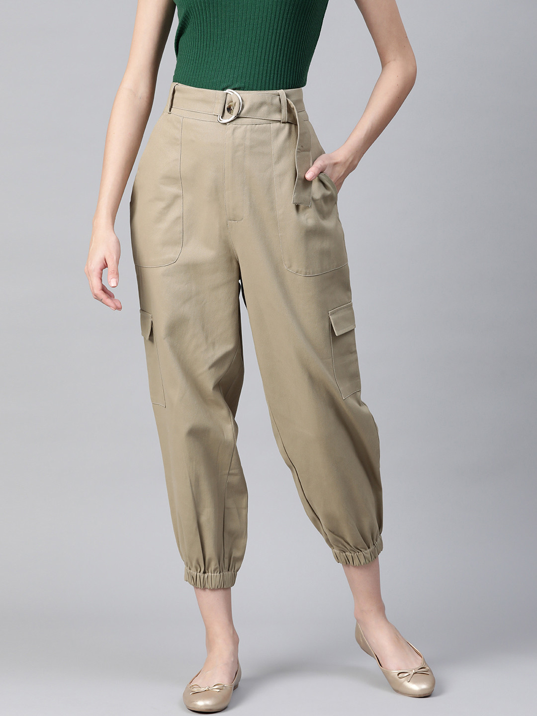 Popnetic Women Beige High-Rise Cargo Joggers