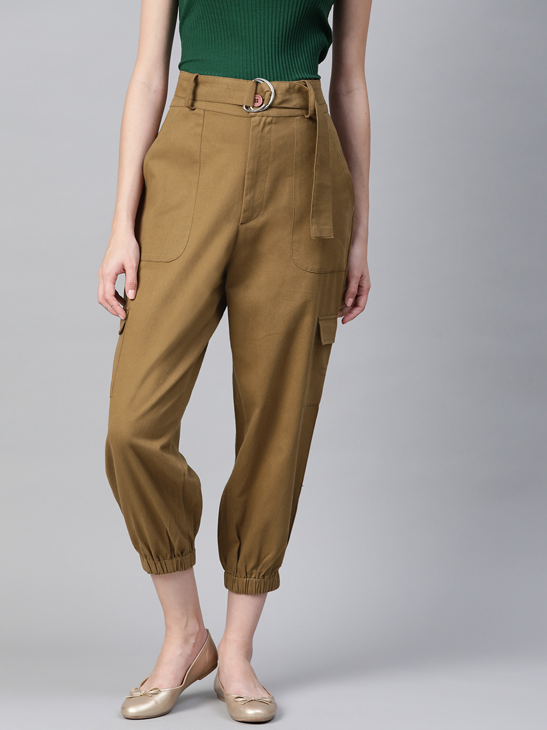 Popnetic Women Khaki High-Rise Cargo Joggers