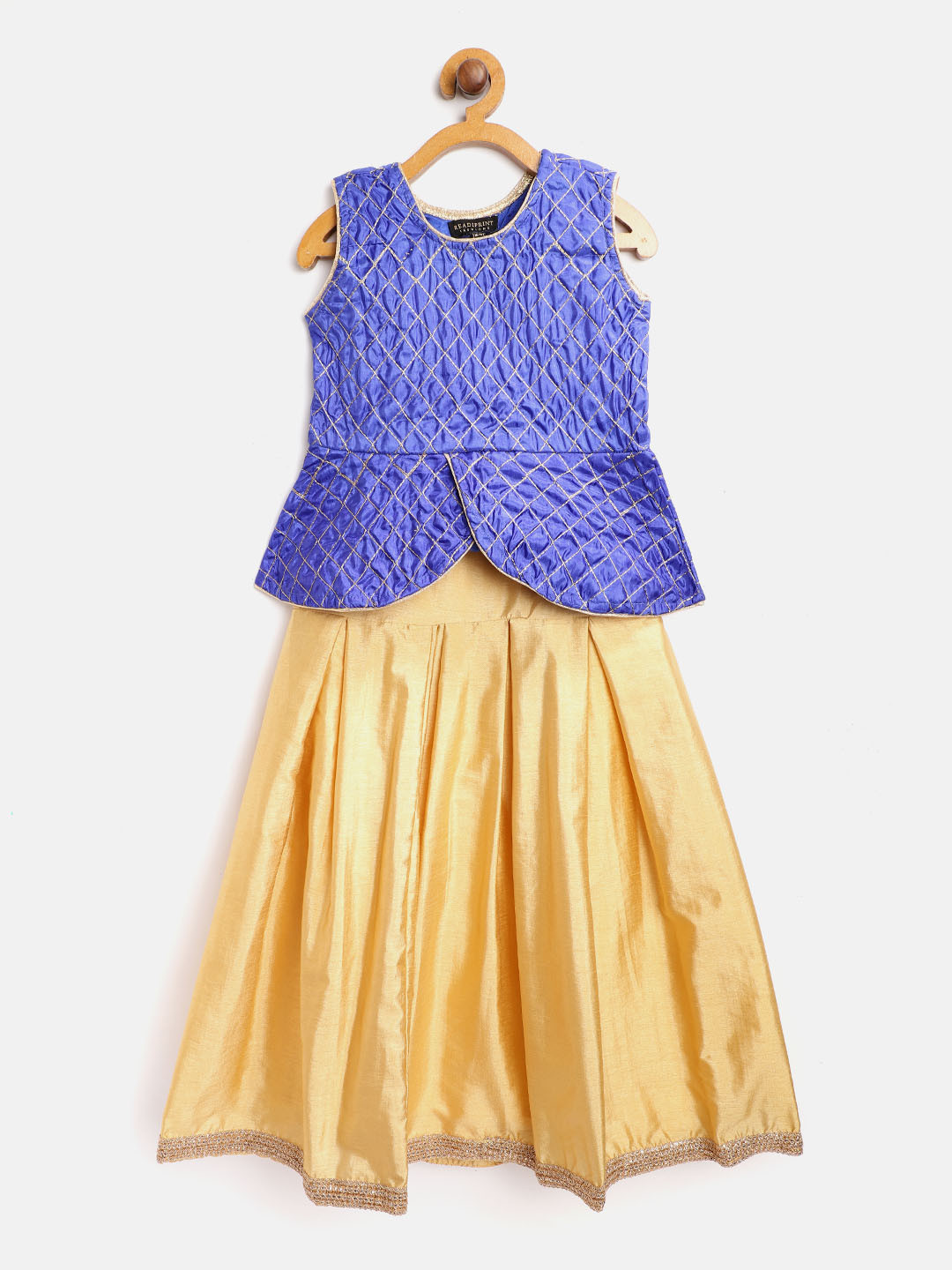 Readiprint Girls Beige & Blue Ready to Wear Solid Lehenga & Thread Work Choli