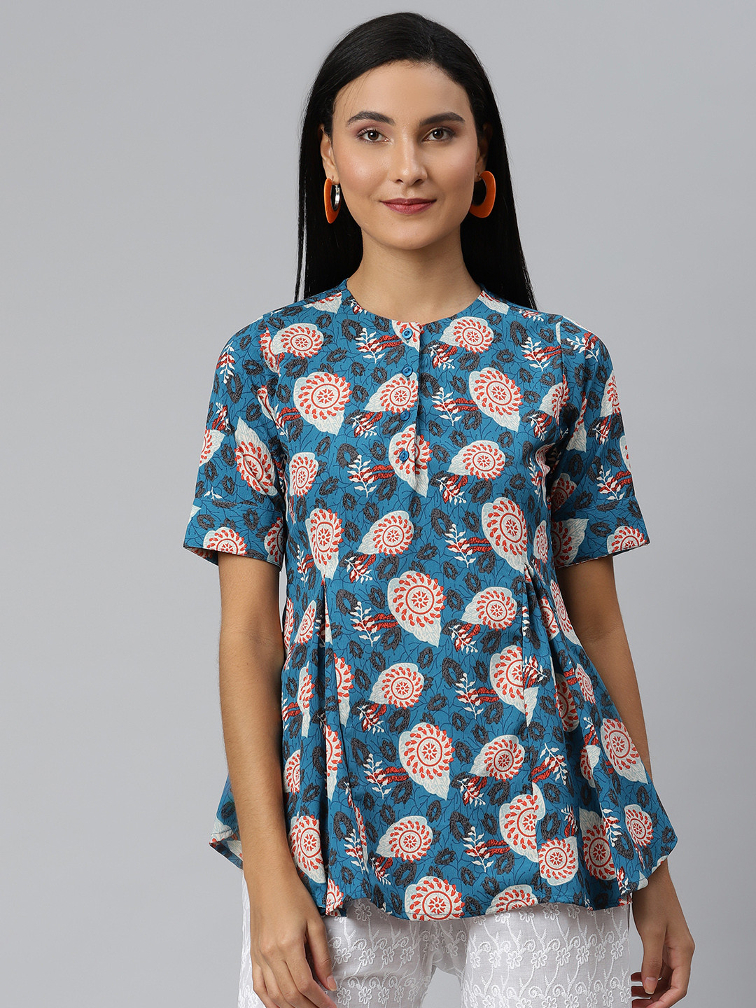 Ives Blue Printed Crepe A-Line Top