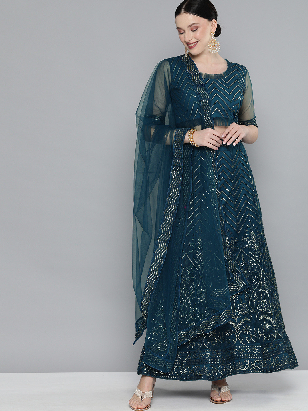 Kvsfab Teal Embellished Sequinned Semi-Stitched Lehenga & Unstitched Blouse With Dupatta