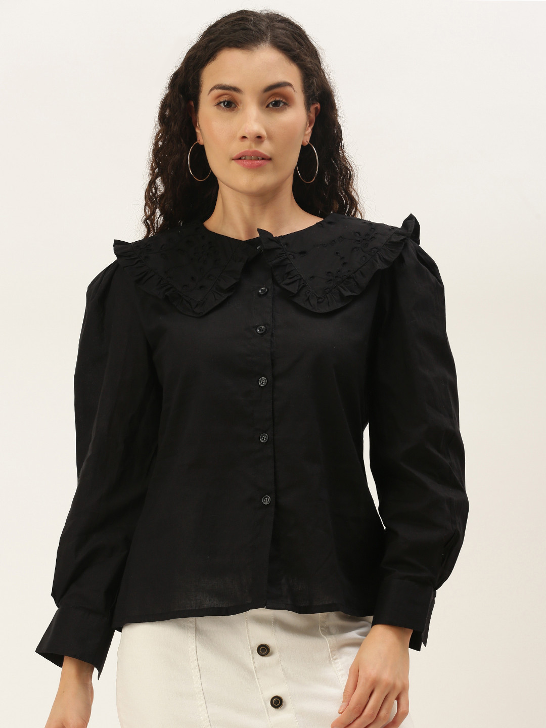 Cation Women Stylish Black Above the Keyboard Collar Shirt