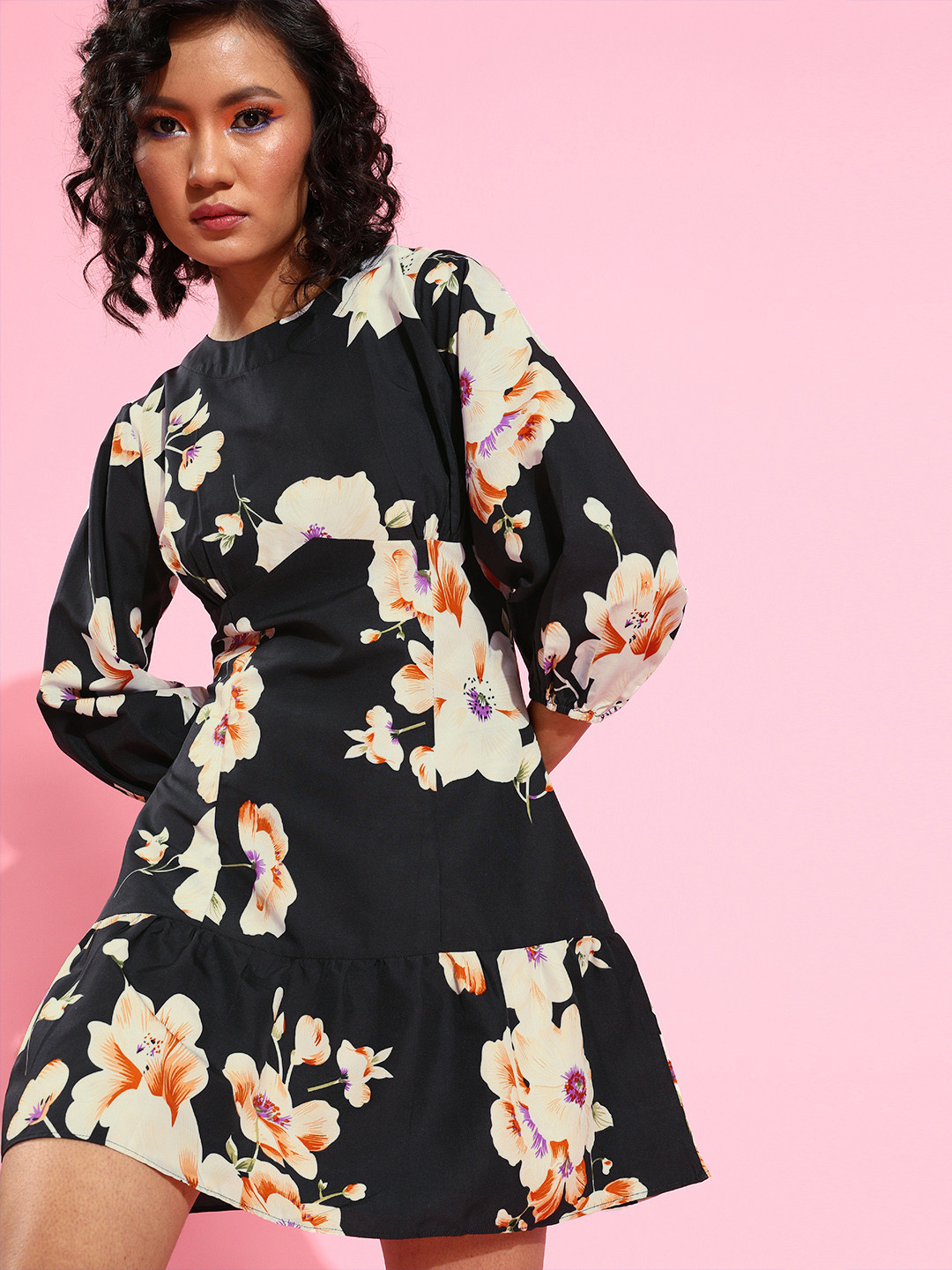 Cation Women Stylish Black Floral Waisted Dress