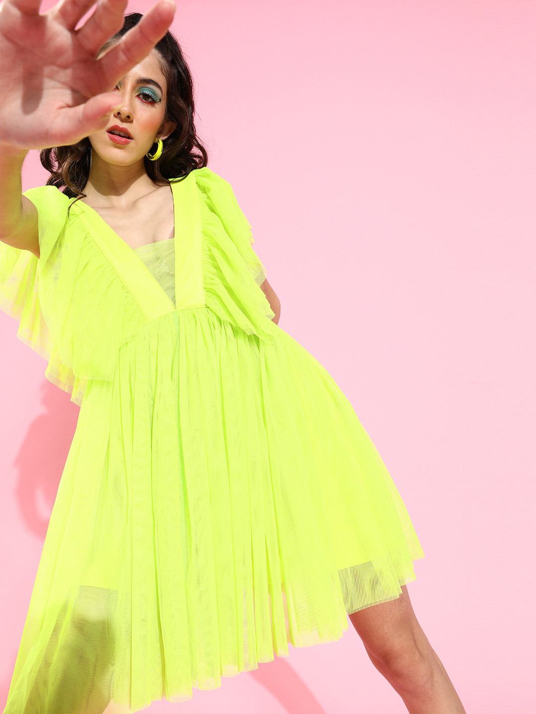 Cation Women Stunning Fluorescent Green Solid Waisted Dress