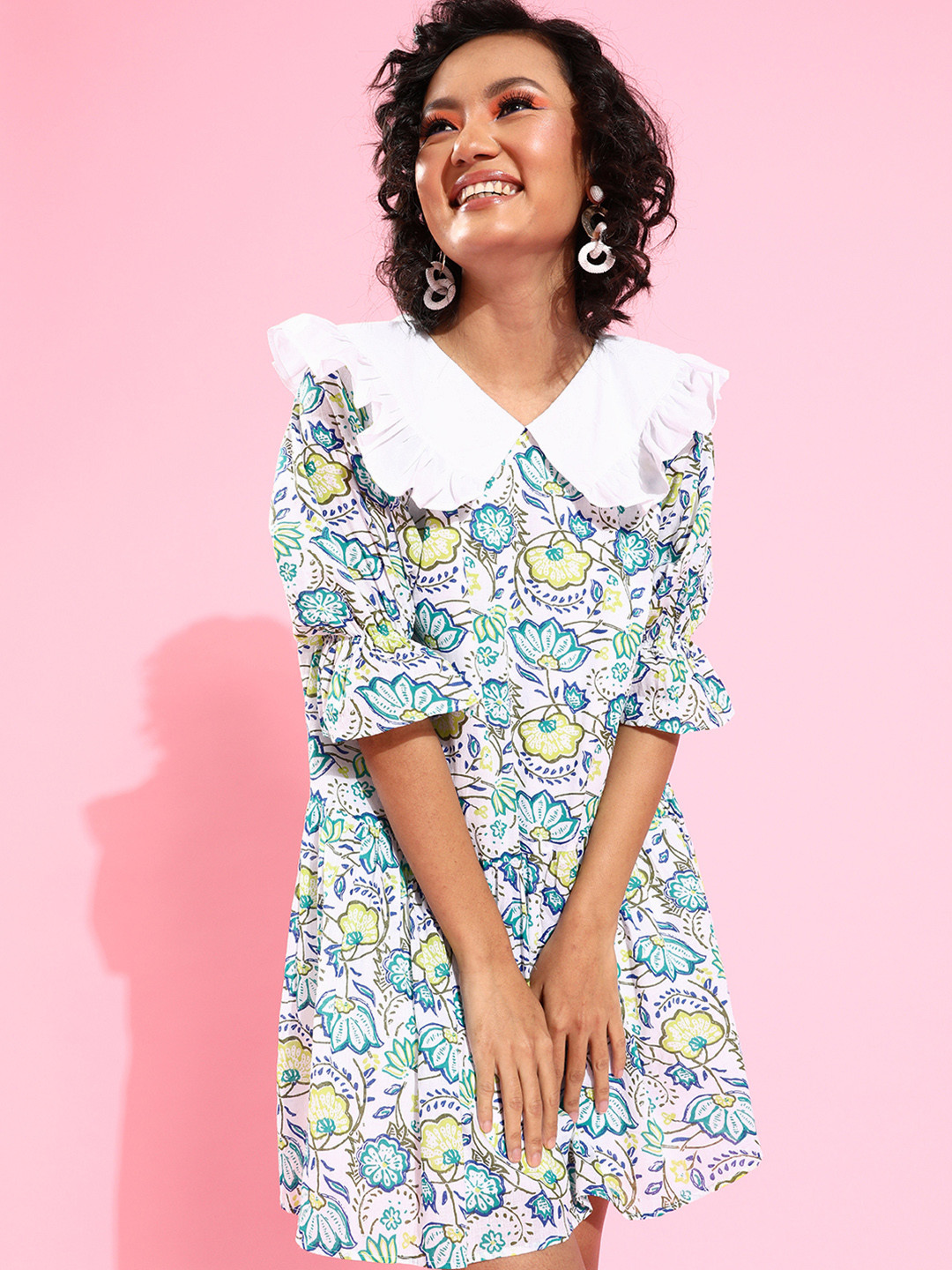 Cation Women Classic White Ethnic Motifs Waisted Dress