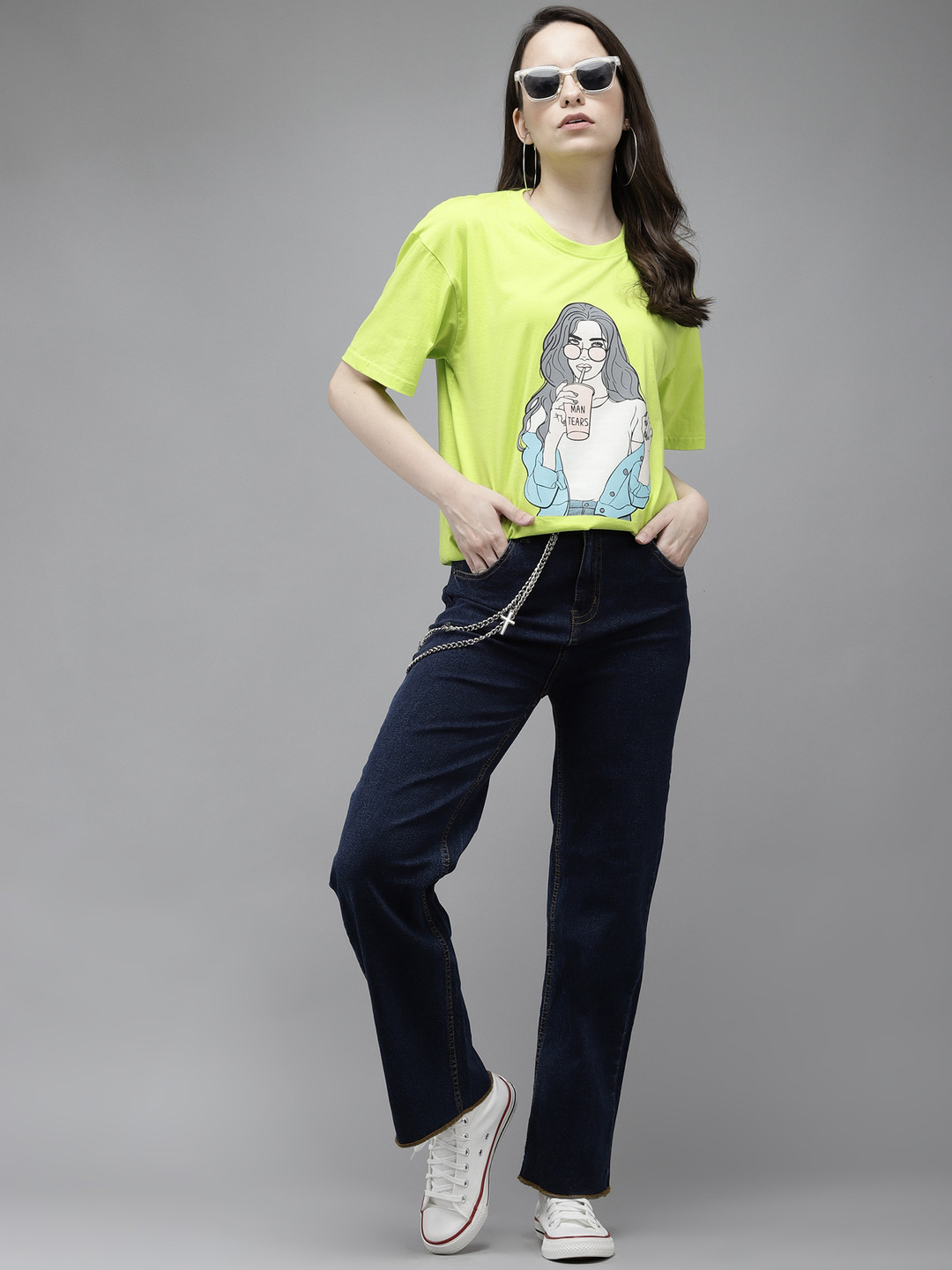 The Dry State Women Fluorescent Green Printed Drop-Shoulder Sleeves Loose T-shirt