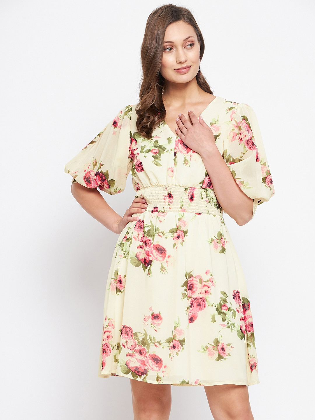 PURYS Women Beautiful Off White Floral Dress