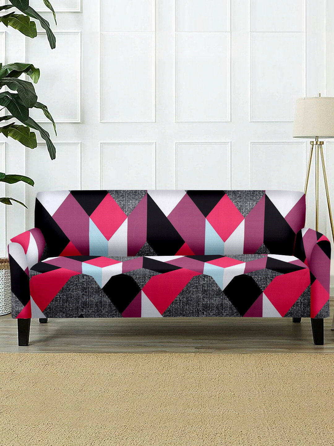 Cortina Pink & Black Geometric Printed 3-Seater Sofa Cover