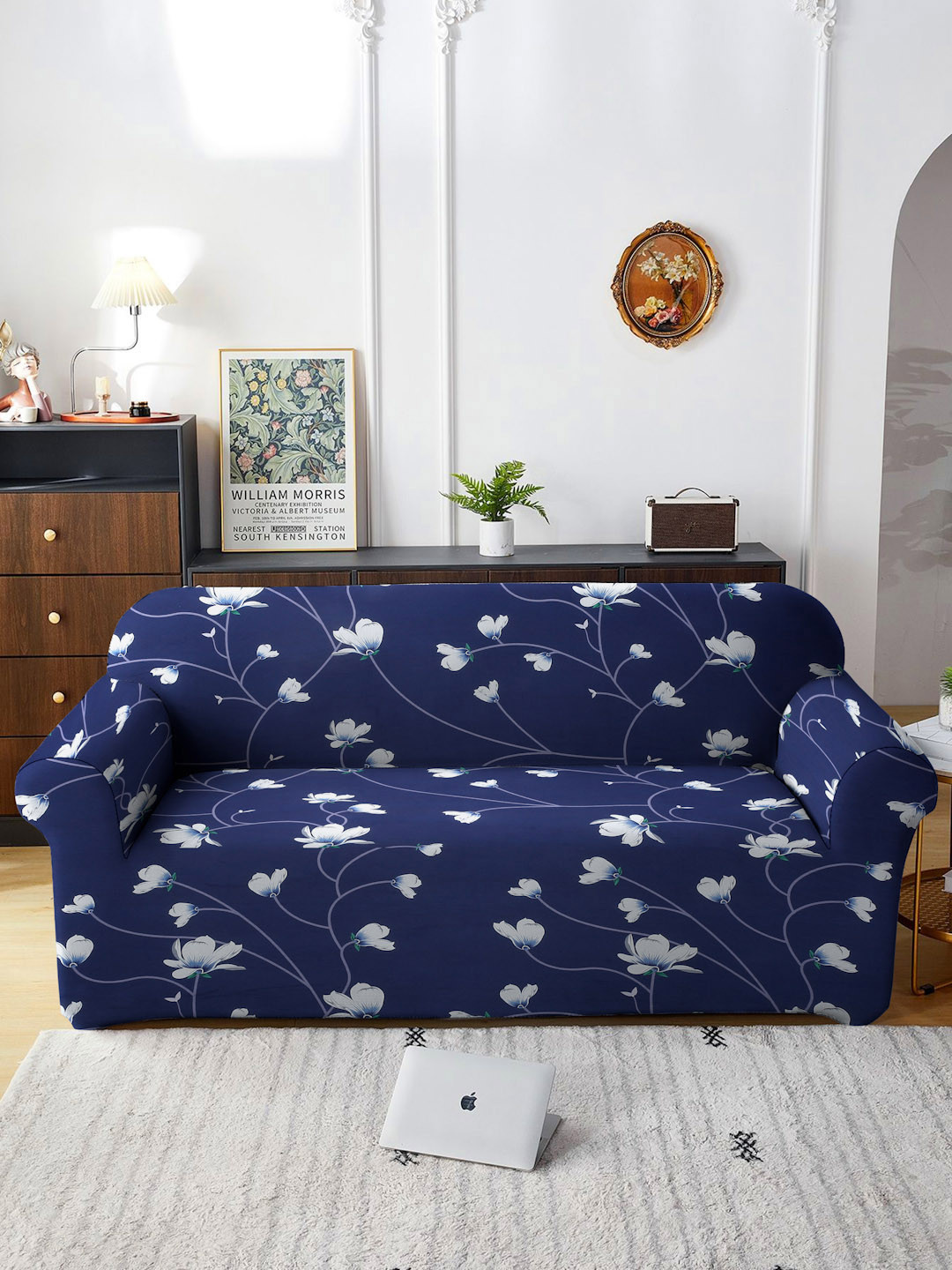 Cortina Navy Blue Printed 3-Seater Stretchable Non-Slip Sofa Slipcover