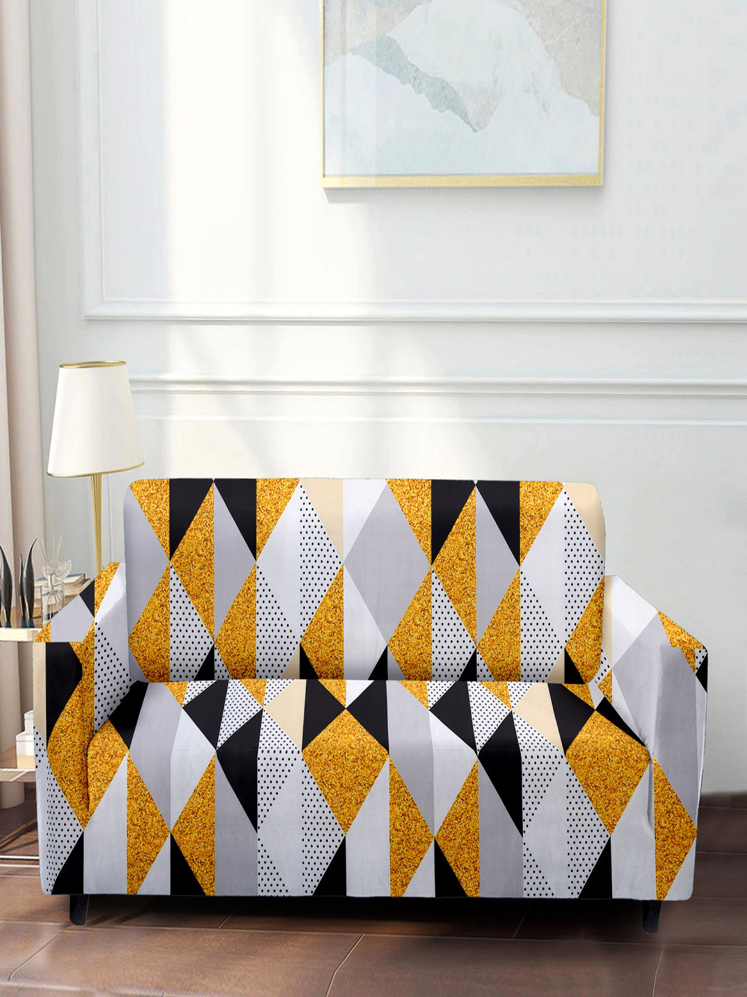 Cortina Yellow Geometric 3-Seater Printed Sofa Cover
