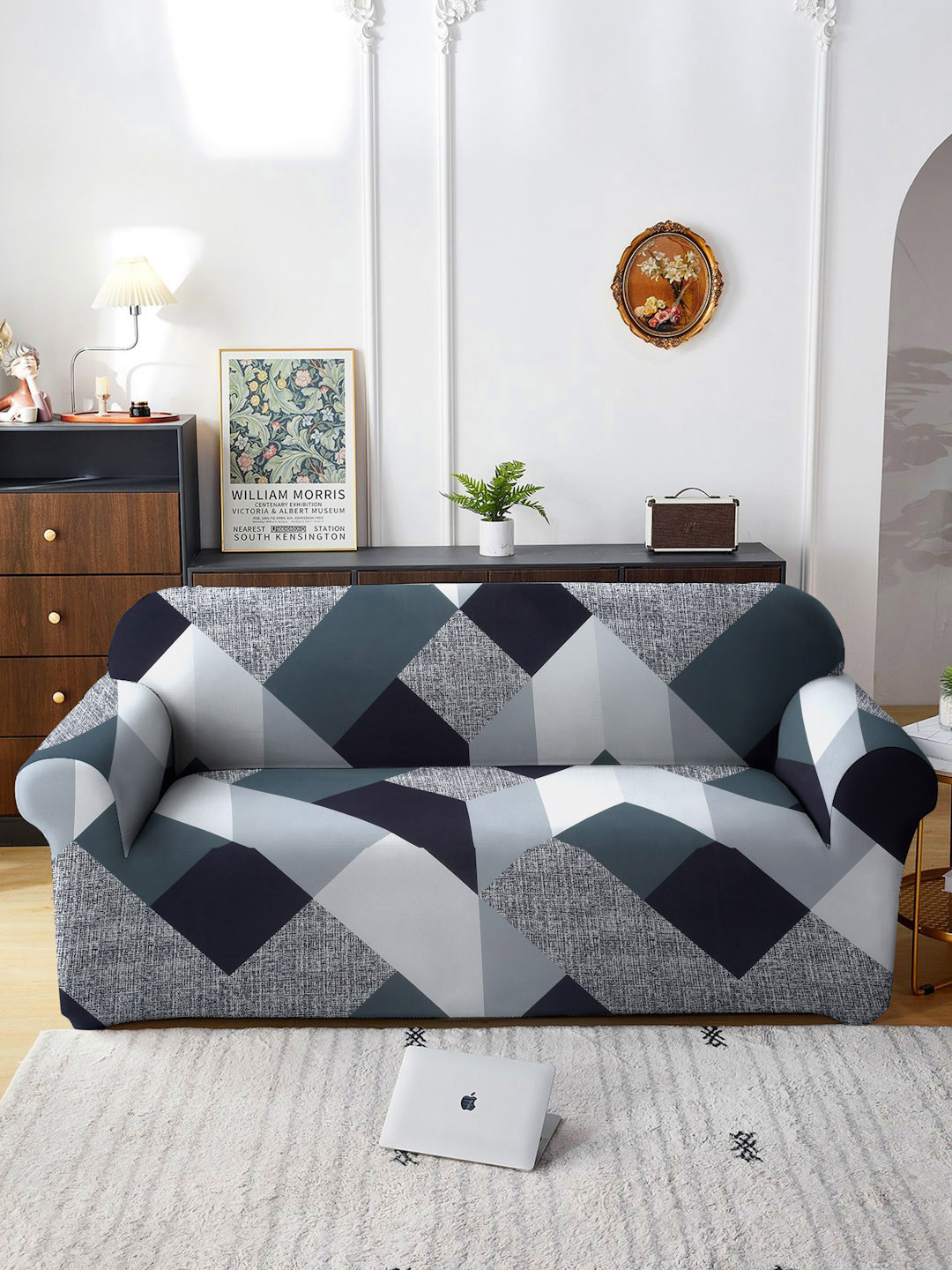 Cortina Black & Grey Printed 3-Seater Stretchable Non-Slip Sofa Slipcover