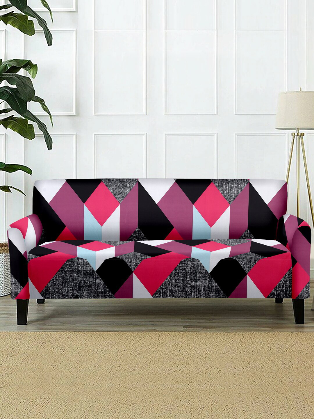 Cortina Pink & Black Printed Double-Seater Sofa Cover