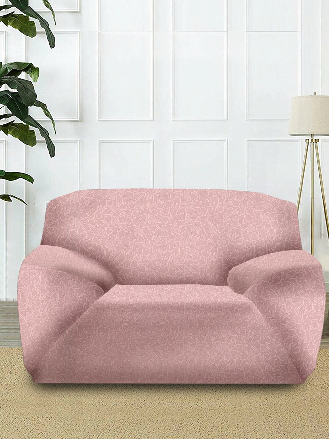 Cortina Pink Geometric Polyester Anti Slip Straight Single Seater Sofa Cover-57x35In