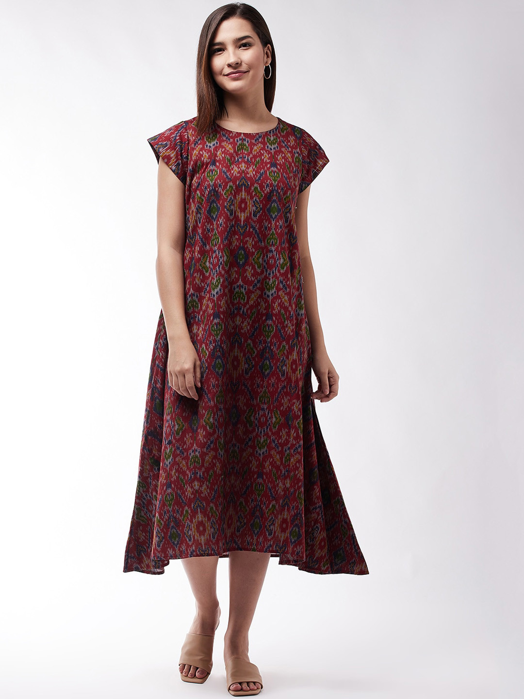 InWeave Maroon Ikkat A-Line Midi Dress