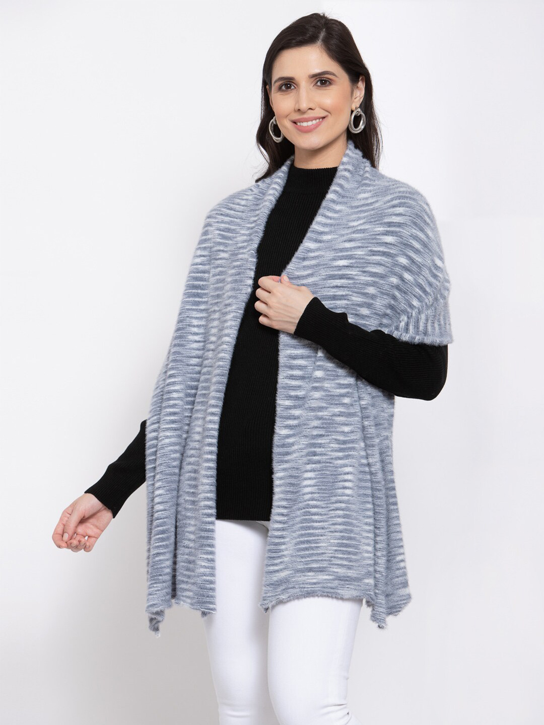 513 Women Grey & White Abstract Self Design Knitted Stole