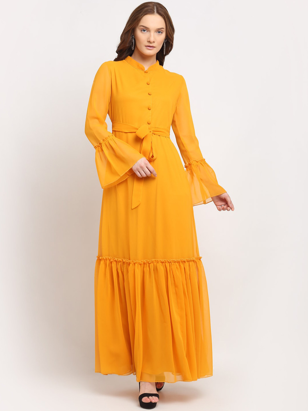 La Zoire Women Mustard Yellow Belted Georgette Maxi Dress