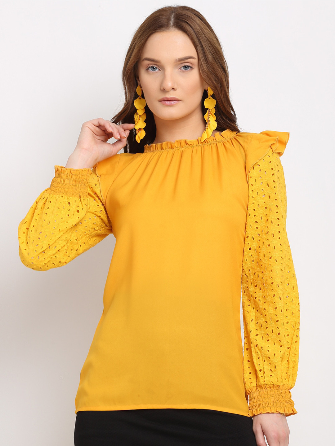 La Zoire Women Mustard Yellow Schiffli Georgette Regular Top
