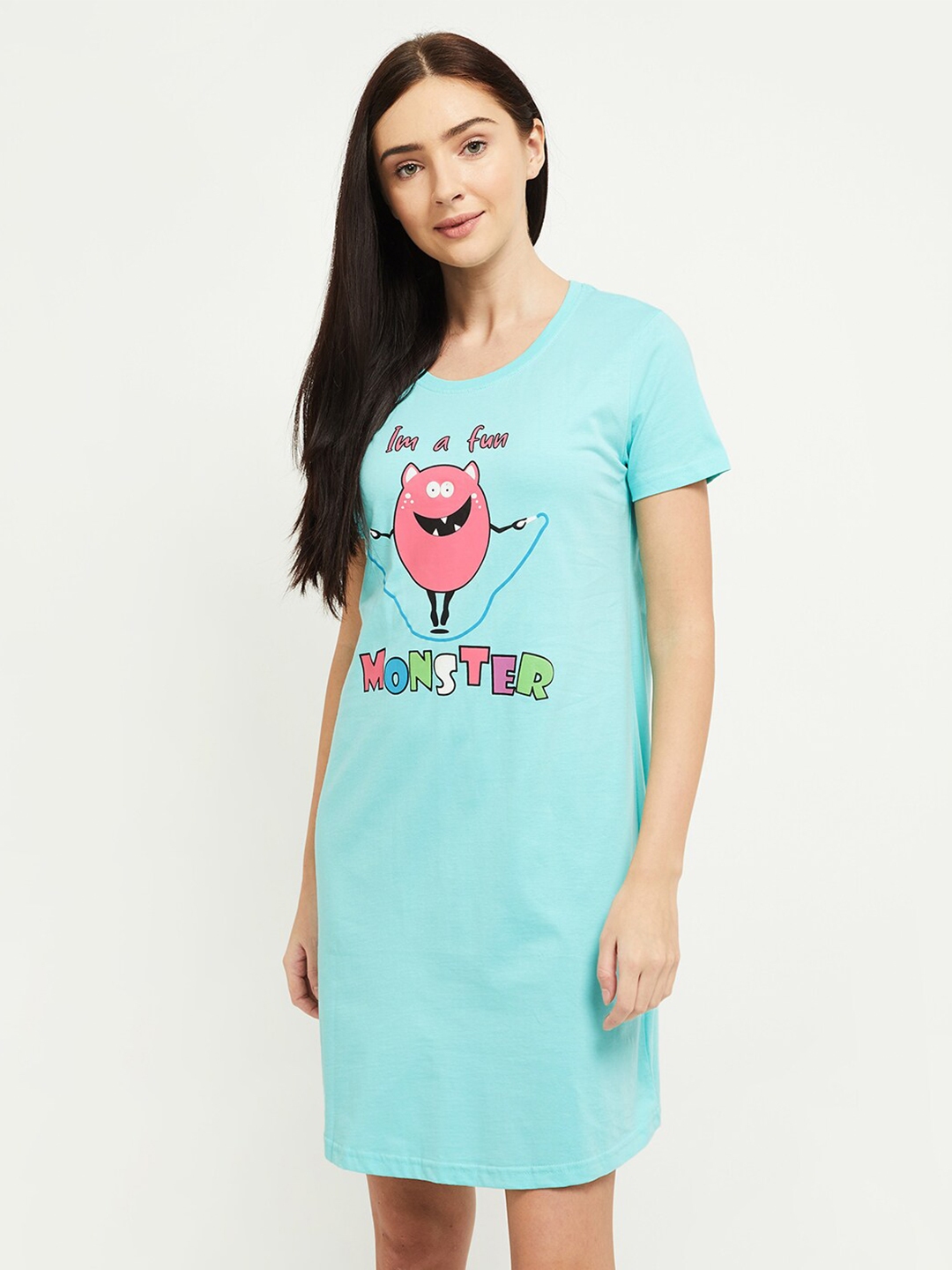 max Women Light Blue Graphic Printed Round Neck Sleep Shirts