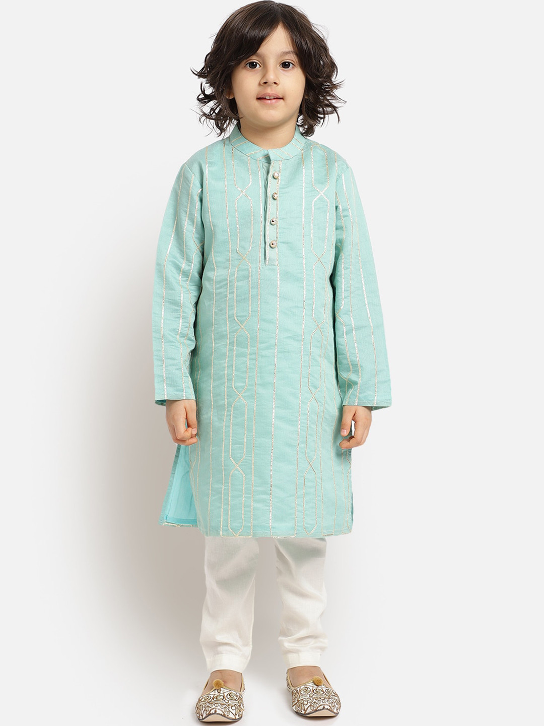PICCOLO Boys Green Embroidered Regular Gotta Patti Kurta with Churidar
