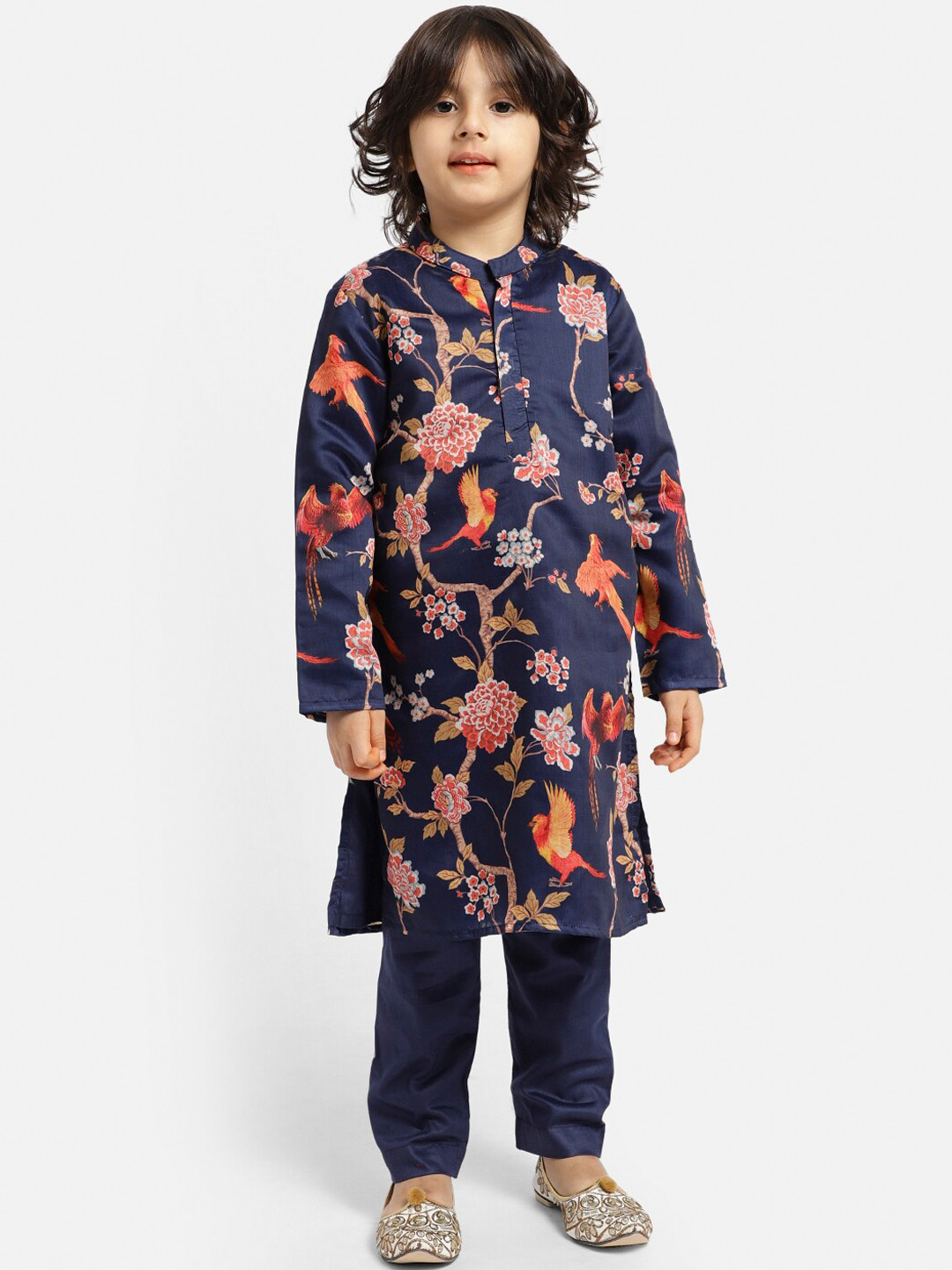 PICCOLO Boys Navy Blue Floral Printed Regular Kurta with Pyjamas