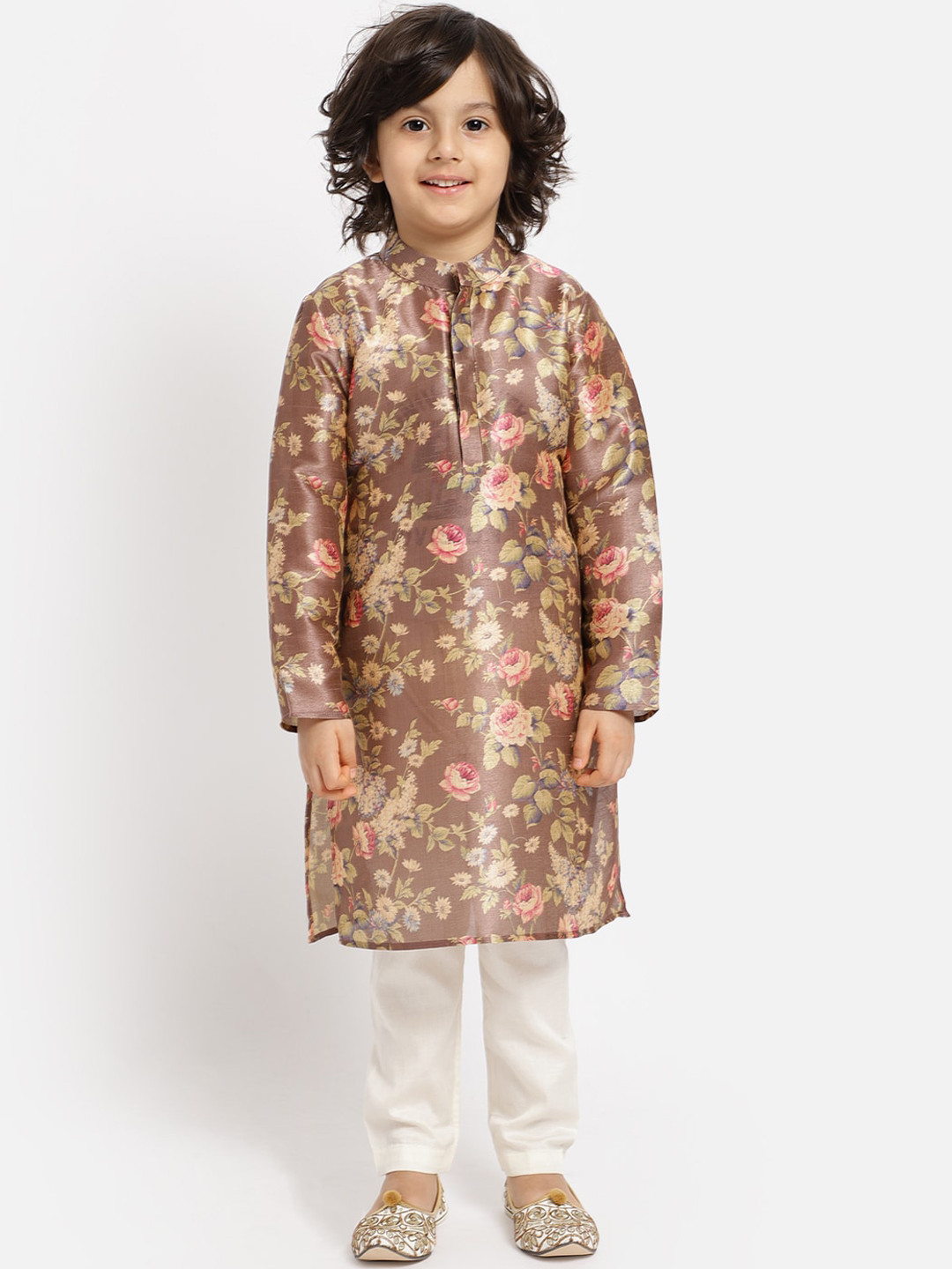 PICCOLO Boys Brown Floral Printed Regular Kurta with Pyjamas