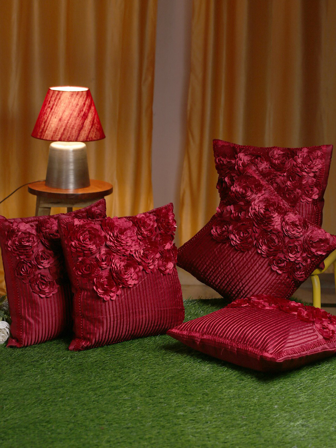 HOSTA HOMES Maroon Set of 5 Embellished Square Cushion Covers