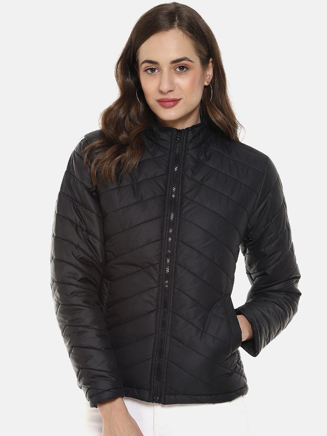 Campus Sutra Women Black Windcheater Quilted Padded Jacket