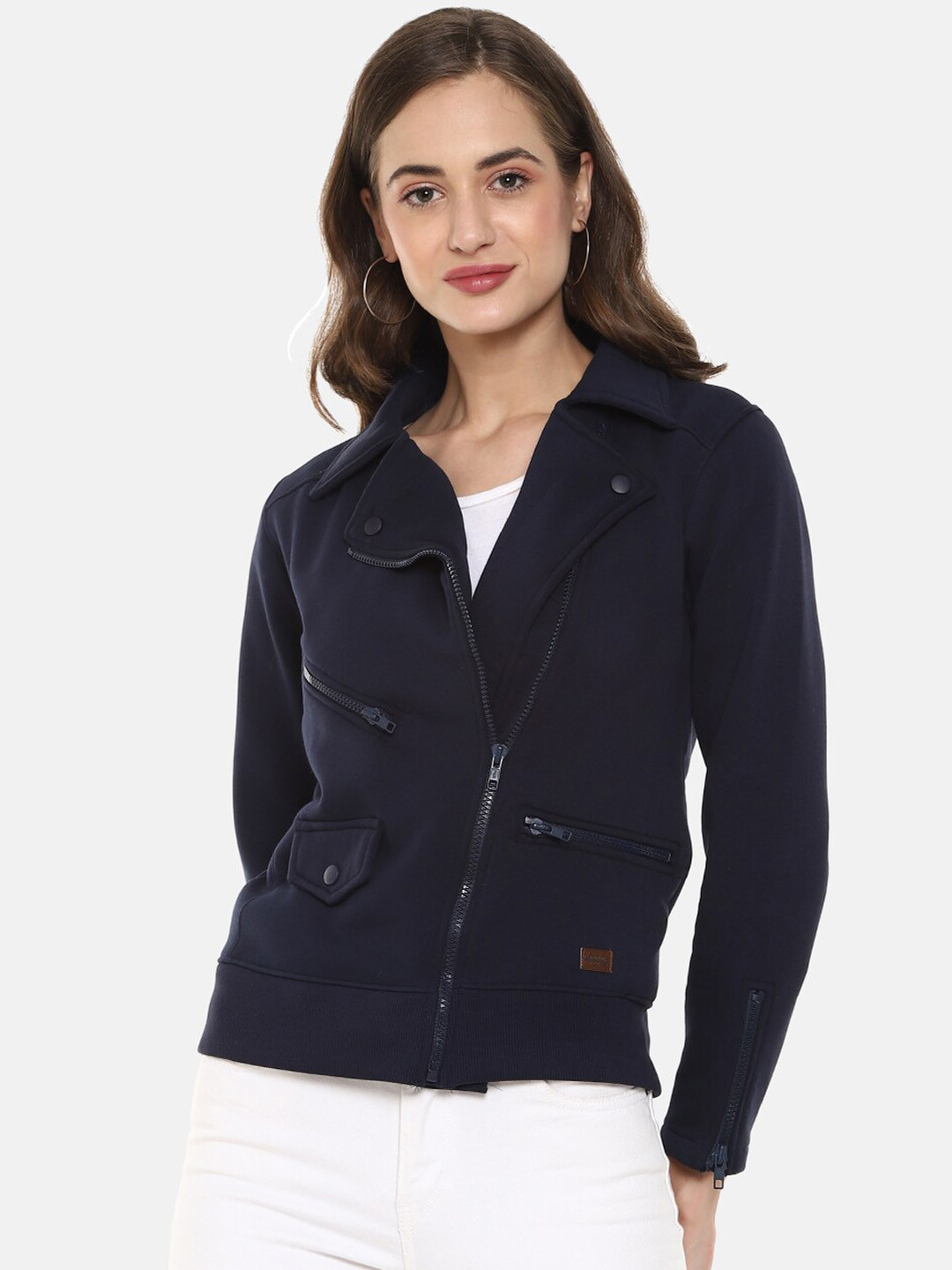 Campus Sutra Women Navy Blue Windcheater Tailored Jacket with Zip Detail