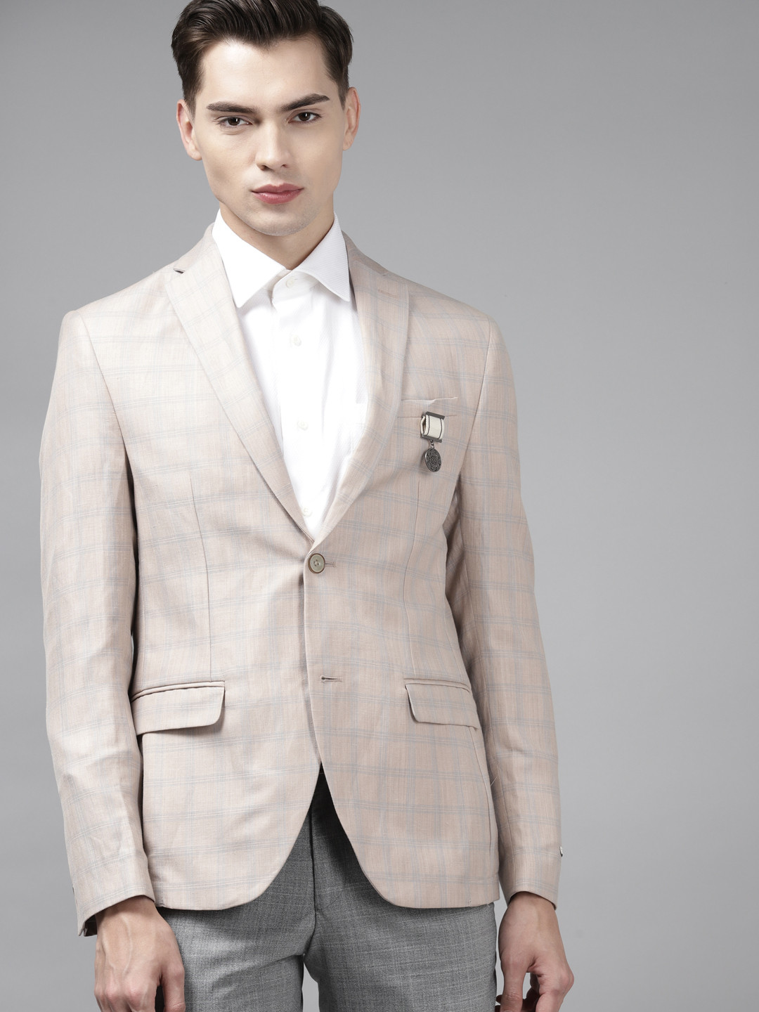 Blackberrys Men Beige & Blue Slim Fit Checked Single-Breasted Formal Blazer
