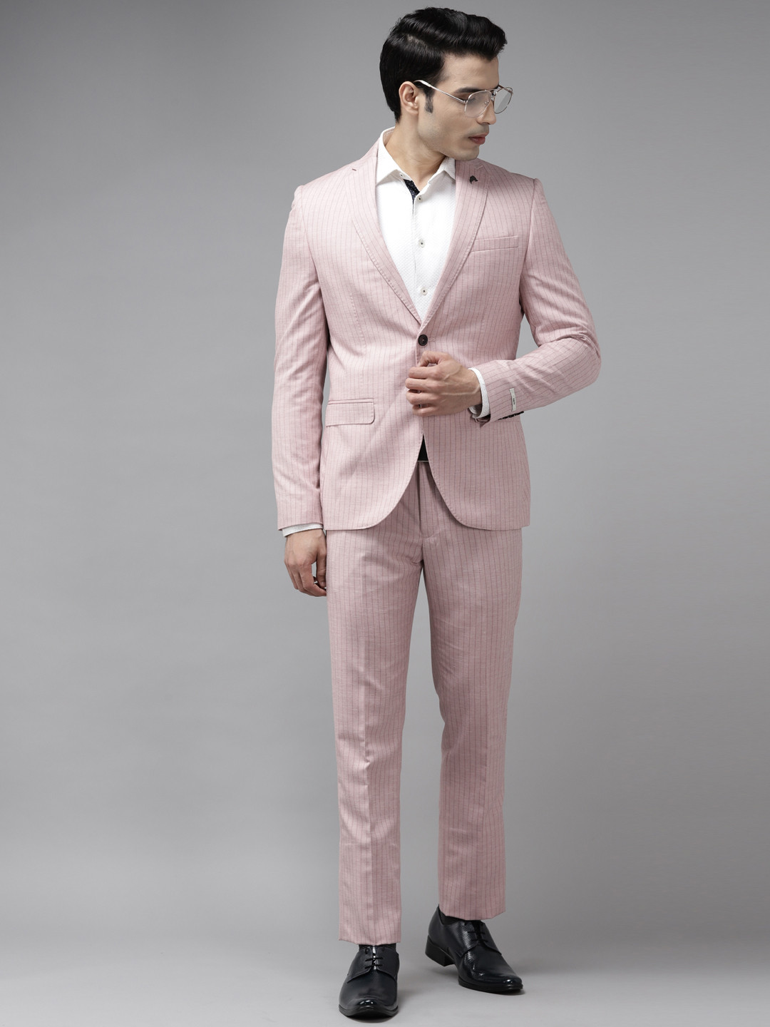 Blackberrys Men Pink & Blue Striped Slim Fit Single-Breasted Formal Suit