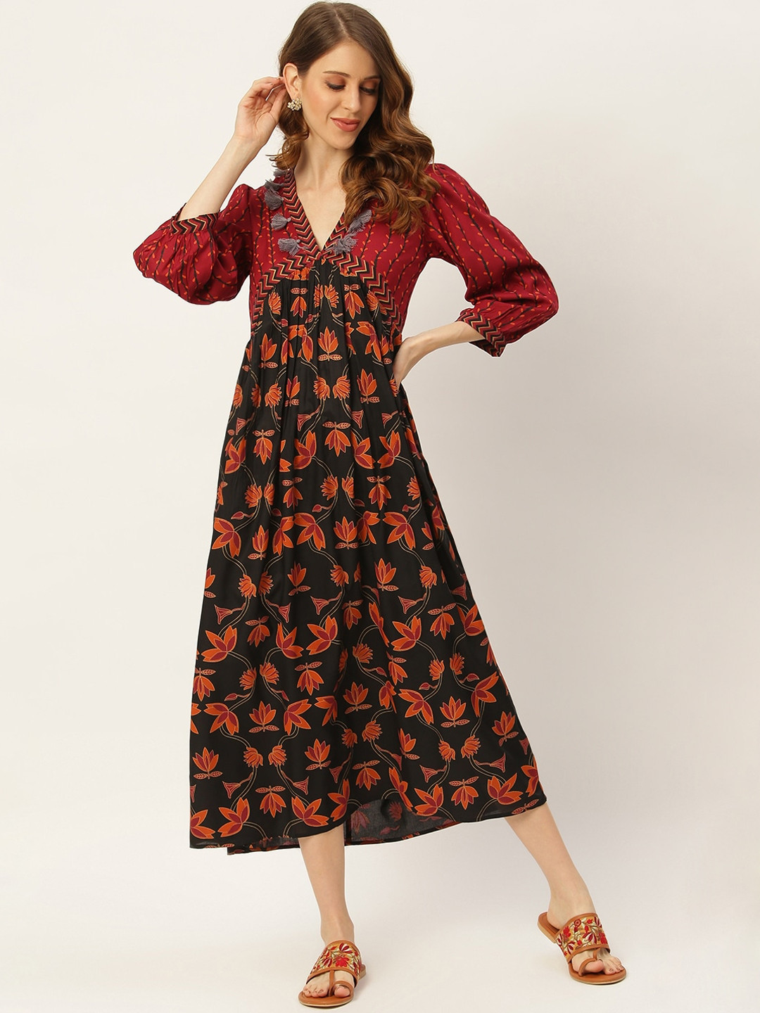 Rustorange Black Floral Empire Midi Dress