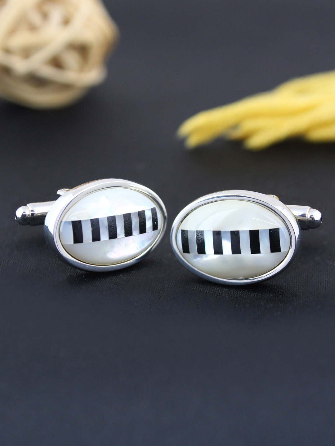 PELUCHE Men White Natural Mother of Pearl & Black Onyx Stone Cufflinks