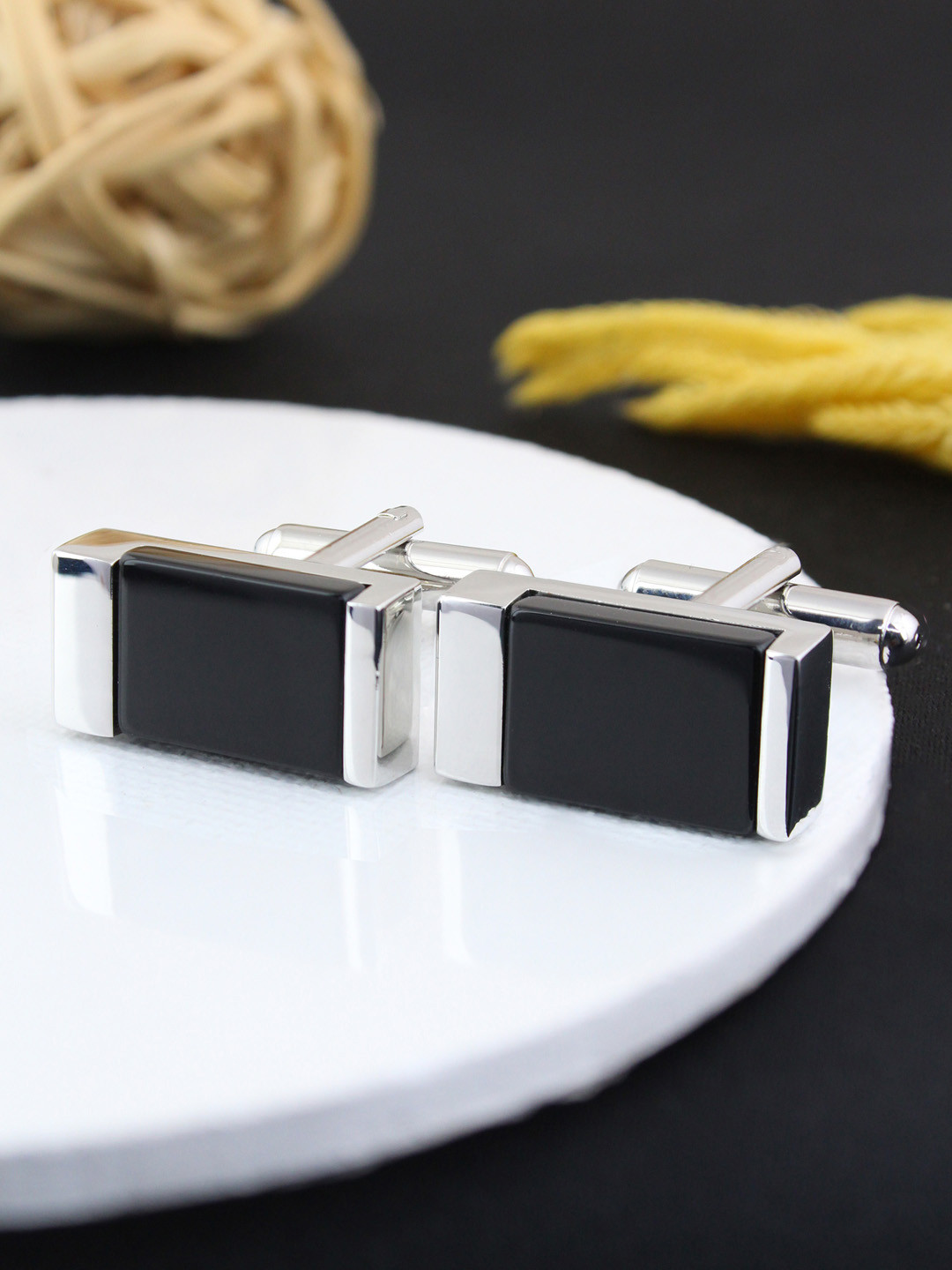 PELUCHE Men Silver-Toned & Black Rectangular Cufflink