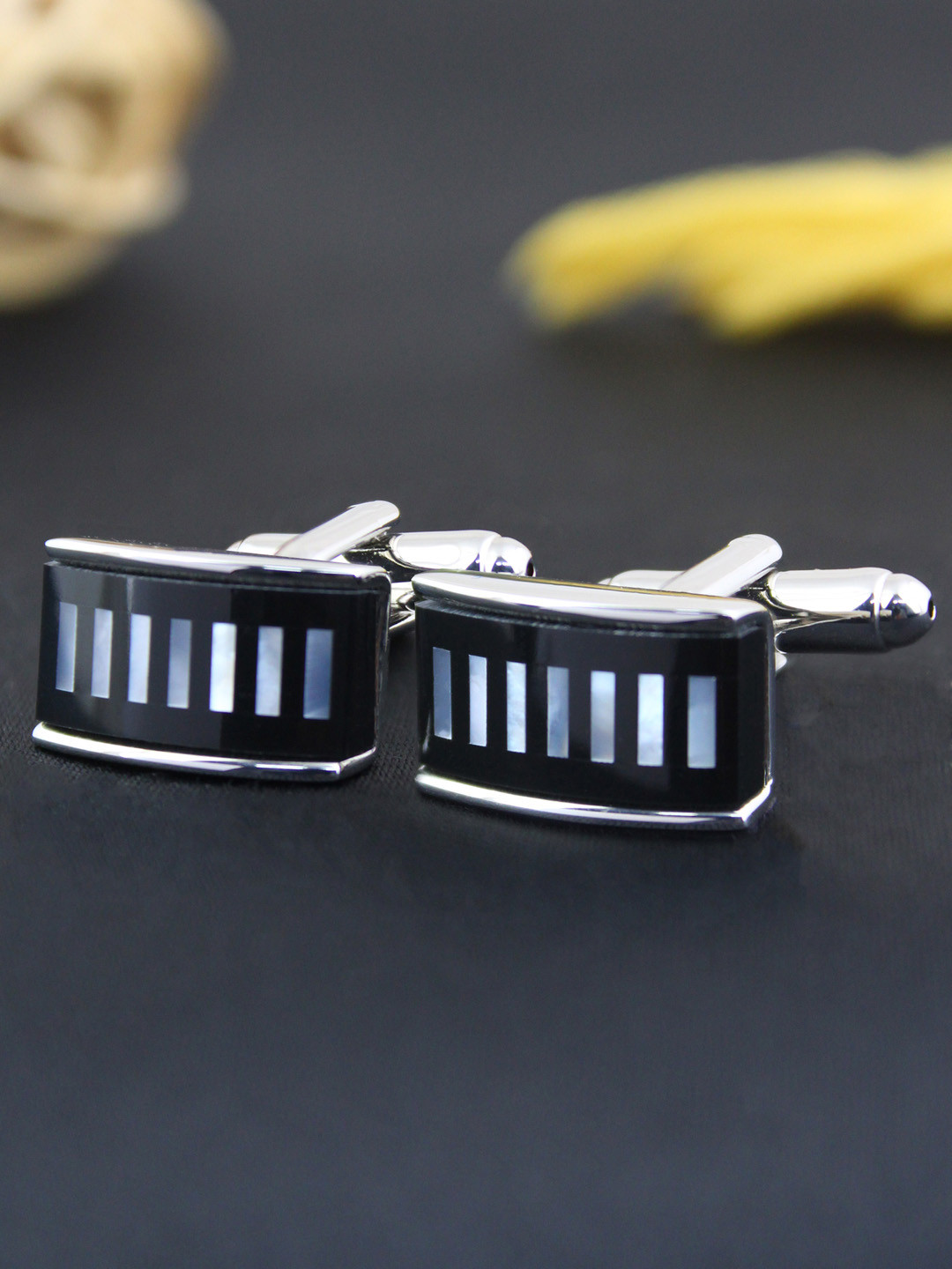 PELUCHE Men Silver-Toned & Black Striped Rectangle Cufflinks