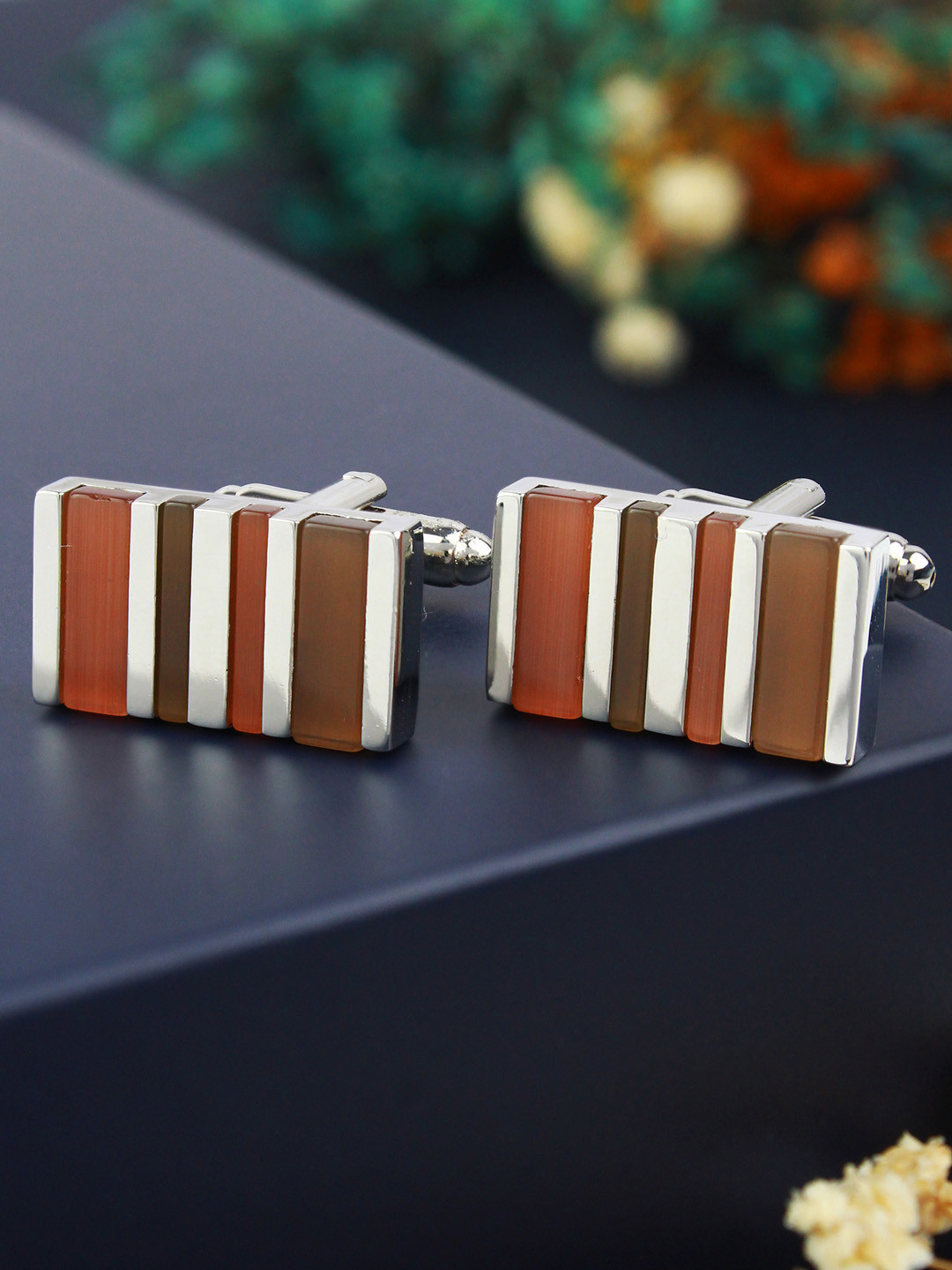 PELUCHE Men Silver-Toned & Brown Stripes Formal Cufflinks