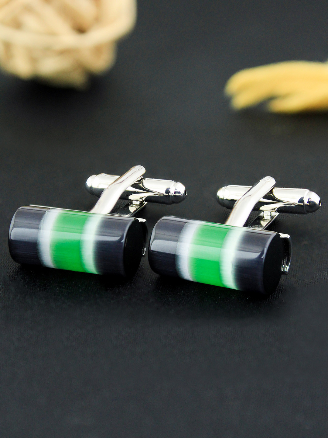 PELUCHE Silver-Toned & Black Cylindrical Frameless Stone Cufflink