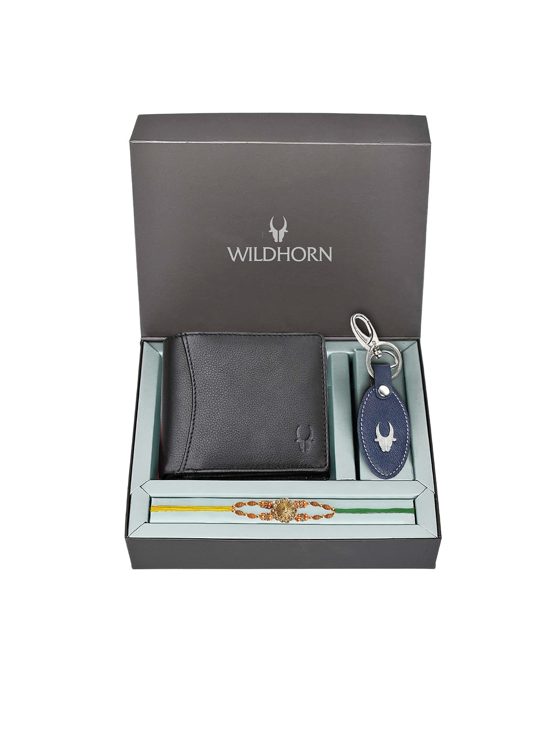 WildHorn Men Genuine Leather Black Wallet and Blue Keychain Rakhi Combo Gift Set