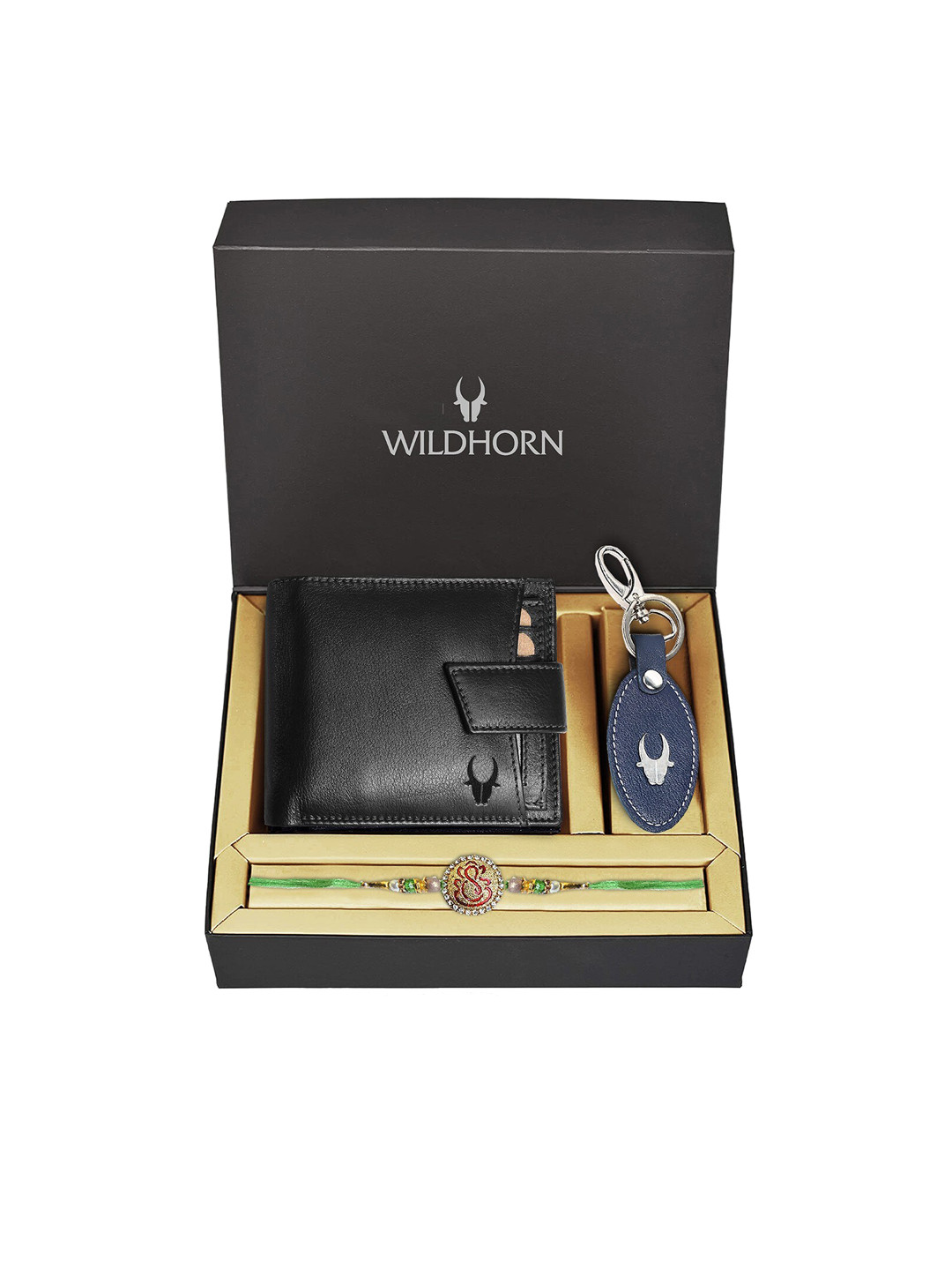 WildHorn Men Black & Navy Blue Leather Wallet and Keychain With Rakhi Combo Gift Set
