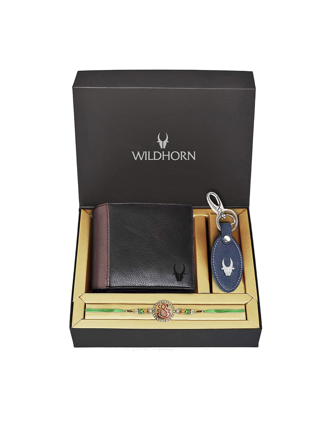 WildHorn Men Black & White Stone-Studded & Beaded Genuine Leather Rakhi Combo Gift Set